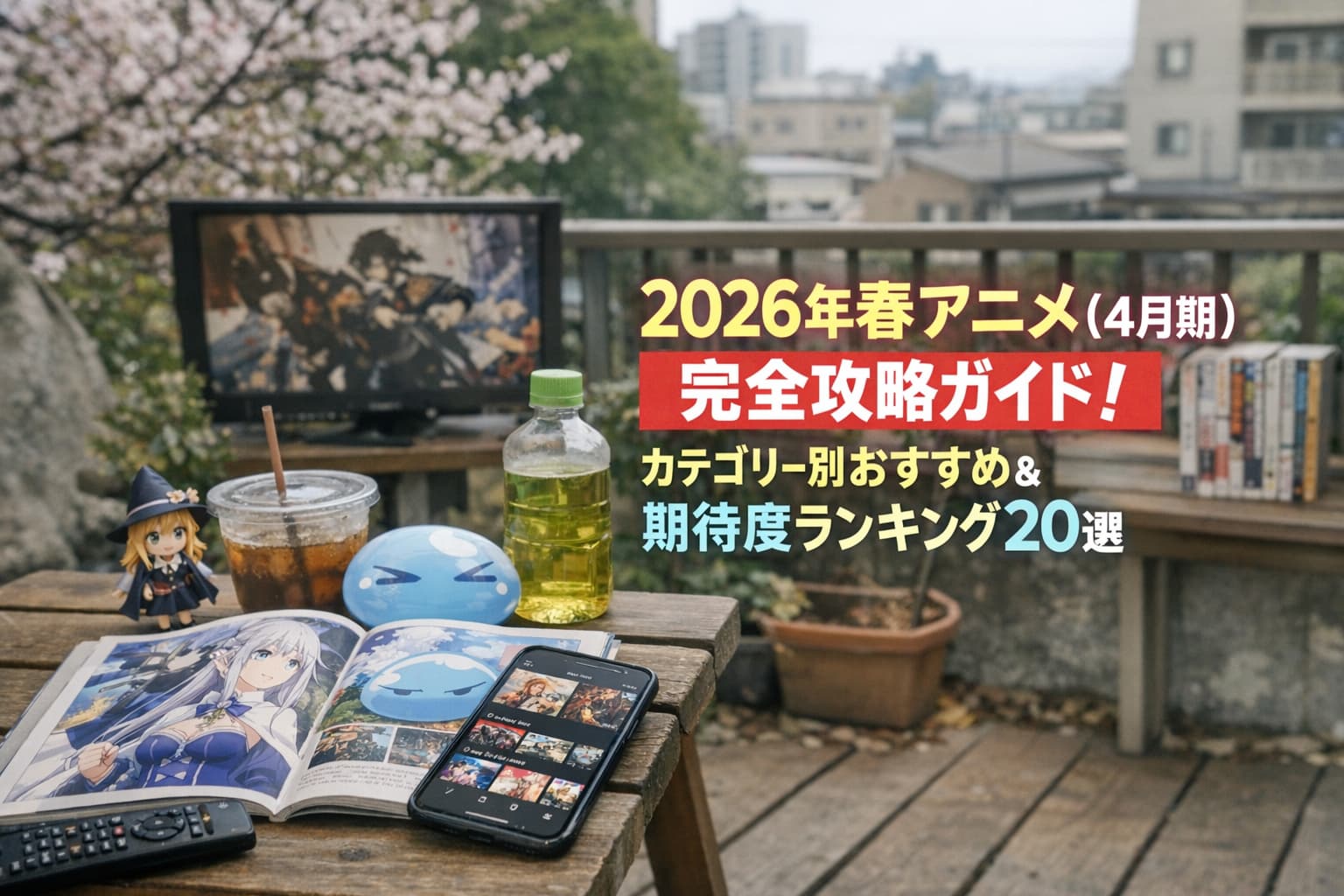 2026年春アニメ（4月期）完全攻略ガイドのアイキャッチ画像。右中央にタイトル文字を配置した横長デザイン。