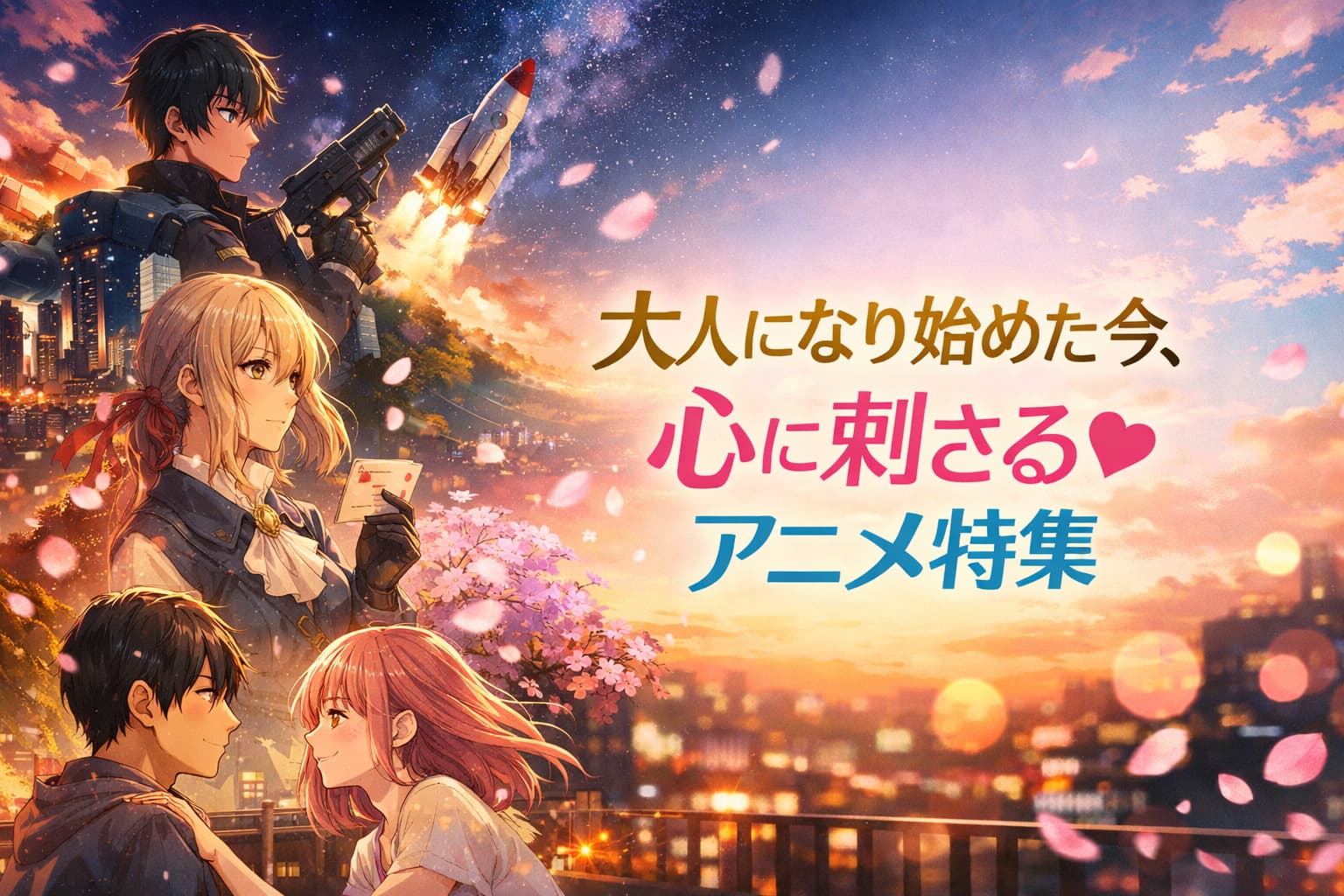 大人になり始めた今、心に刺さるアニメ特集のアイキャッチ画像。ヴァイオレット・エヴァーガーデンや宇宙よりも遠い場所など、感情に響くおすすめアニメ5作品のイメージ。