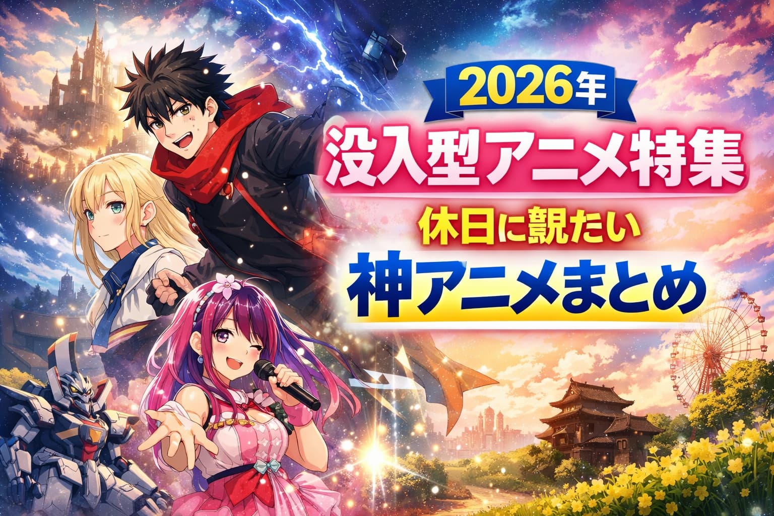 2026年の没入型アニメを特集したバナー画像。幻想的な背景にアニメ風キャラクターと「休日に観たい神アニメまとめ」の文字。