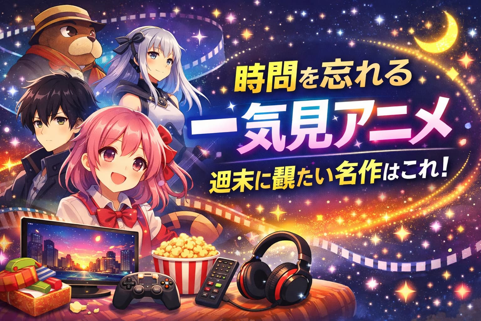 時間を忘れて一気見したくなる週末アニメ特集のアイキャッチ画像。登場キャラとポップな文字入り。