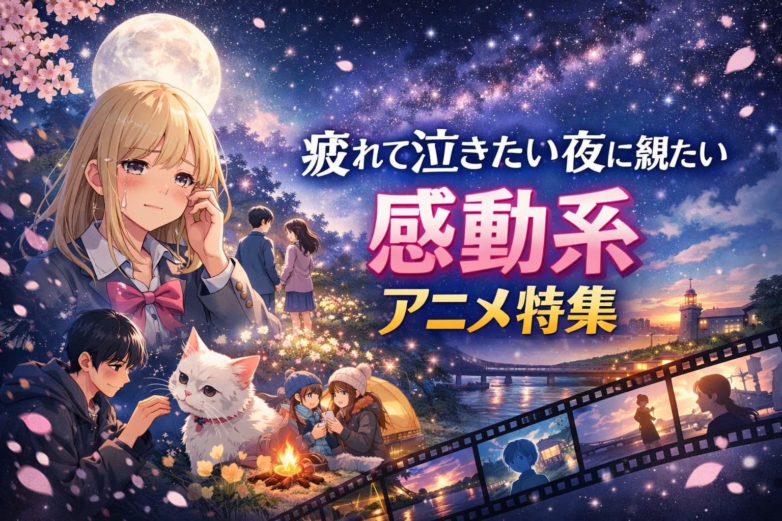 疲れて泣きたい夜に観たい感動系アニメ特集のアイキャッチ画像。涙を流す女子学生や心温まるアニメ風シーンが描かれた夜空背景のイラスト。