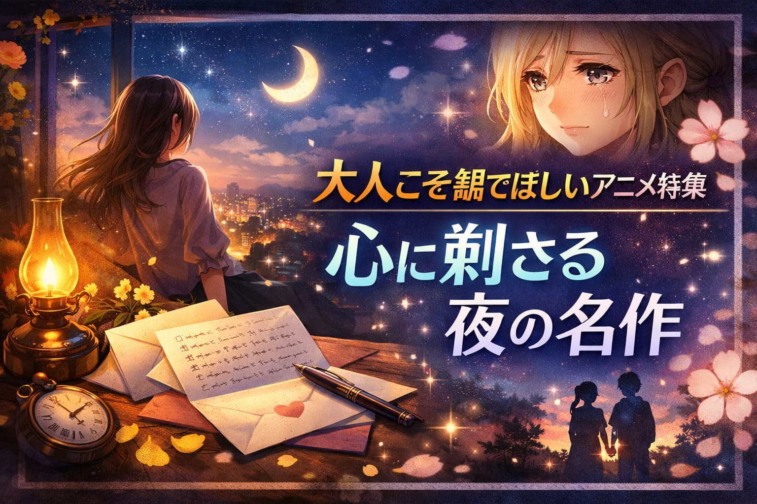 心に刺さる大人向けアニメ特集のアイキャッチ画像。夜景を見つめる女性と感動する登場人物が描かれた幻想的なイラスト