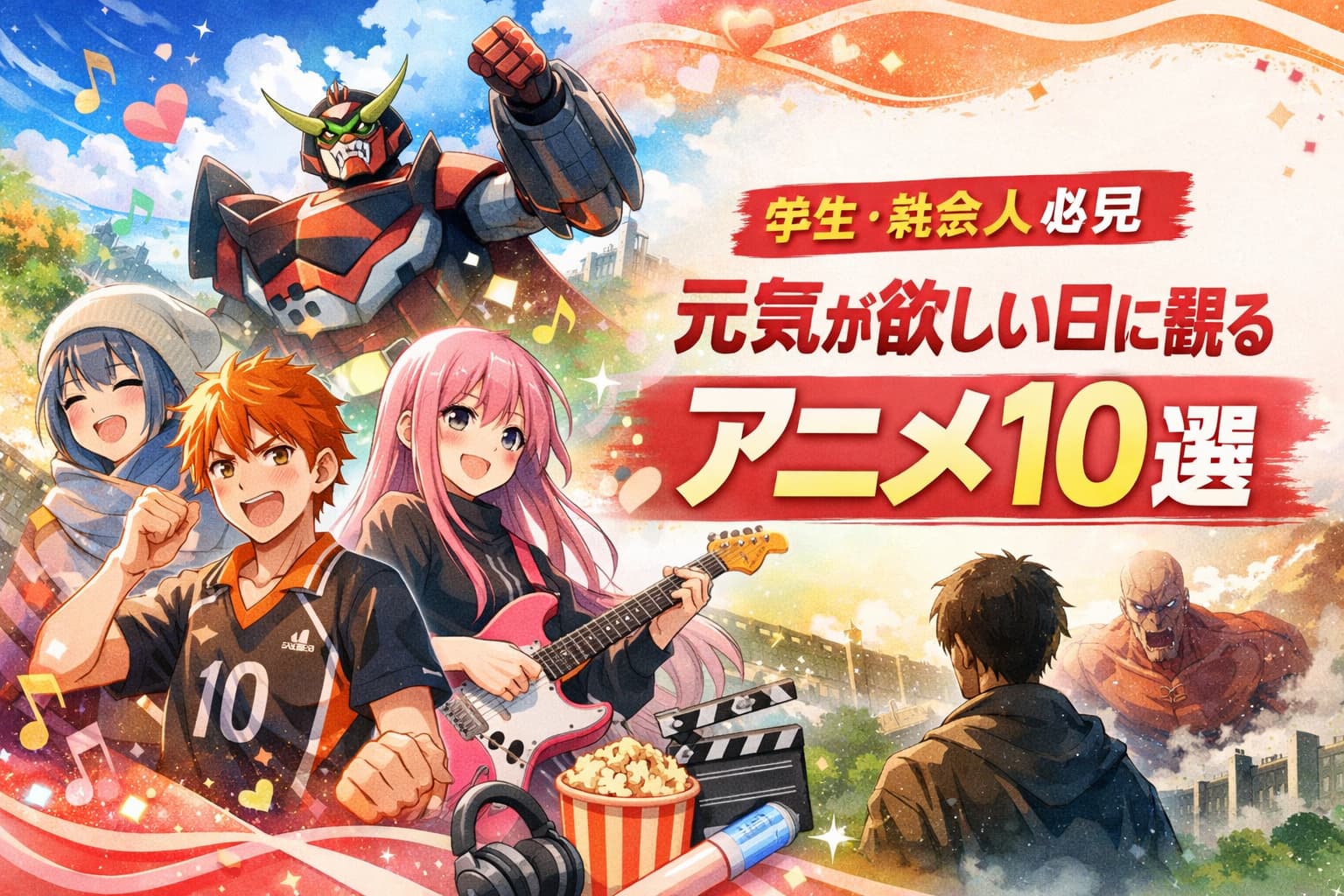 元気が出るアニメ10選のアイキャッチ画像。学生・社会人向けにおすすめのキャラクターやシーンを描いた華やかなビジュアル。