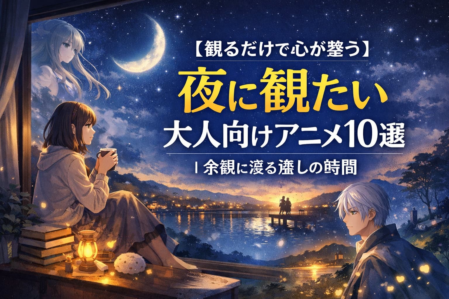 夜に観たい癒し系の大人向けアニメを紹介する記事のアイキャッチ画像。窓辺でアニメを観る女性と夜景が描かれている。