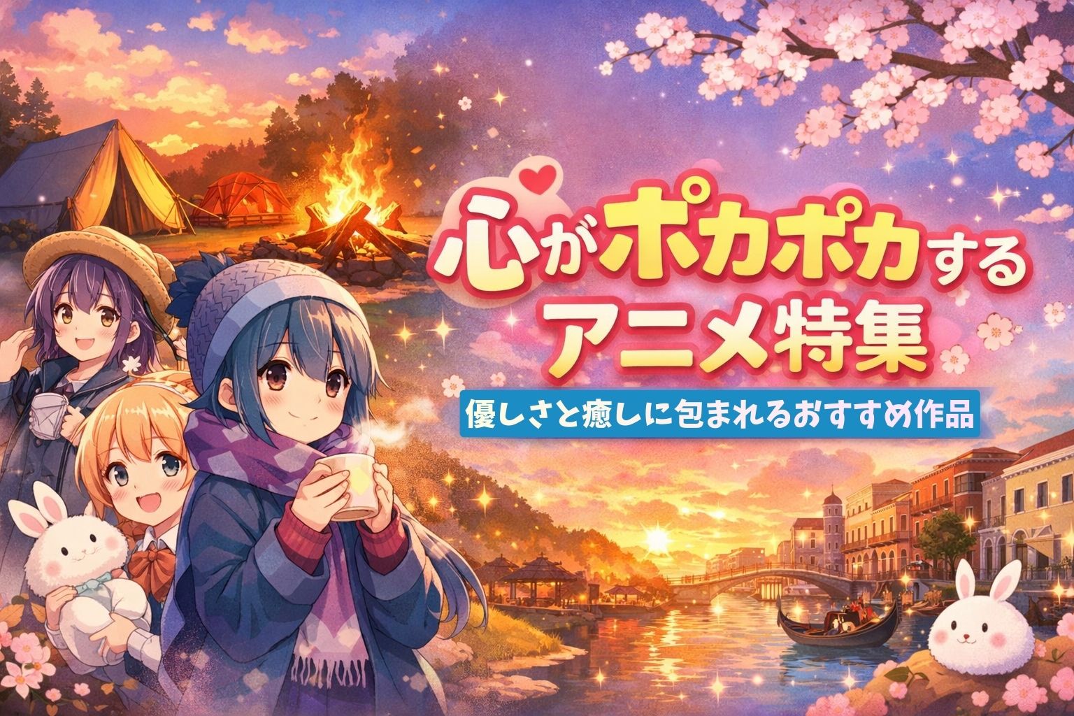 心がポカポカする癒し系アニメのキャラクターたちが焚き火や自然の中で微笑むアイキャッチ画像。桜と夕日、タイトル文字入り。