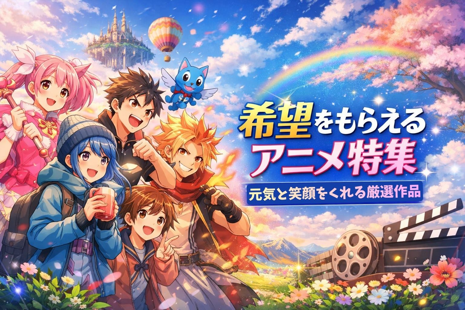 希望をもらえるアニメ特集のアイキャッチ画像。さまざまなジャンルのアニメキャラが並び、空には虹と桜、タイトルが右中央に大きく配置されている。