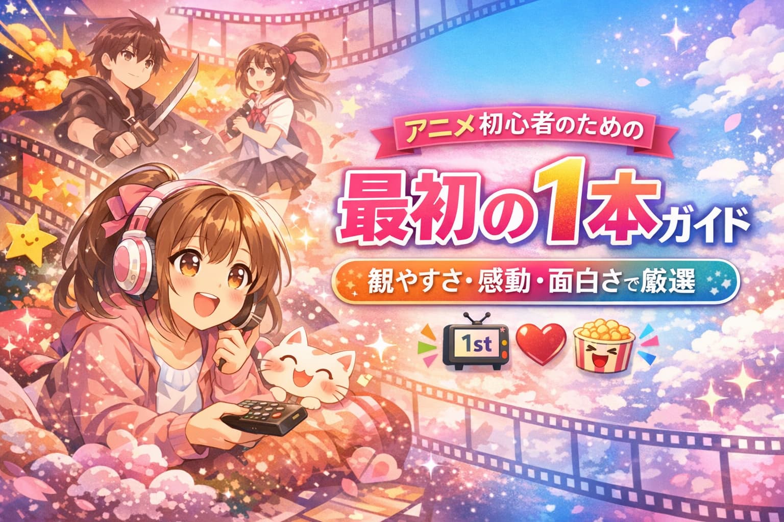 アニメ初心者向けの最初の1本ガイドのアイキャッチ画像。元気な女の子がリモコンを持ち、ヘッドホンをつけて楽しそうにしている。背景には少年や少女のキャラクター、ポップなアイコンやフィルム、雲や星が広がり、「アニメ初心者のための最初の1本ガイド｜観やすさ・感動・面白さで厳選」のタイトルが右中央に配置されている。