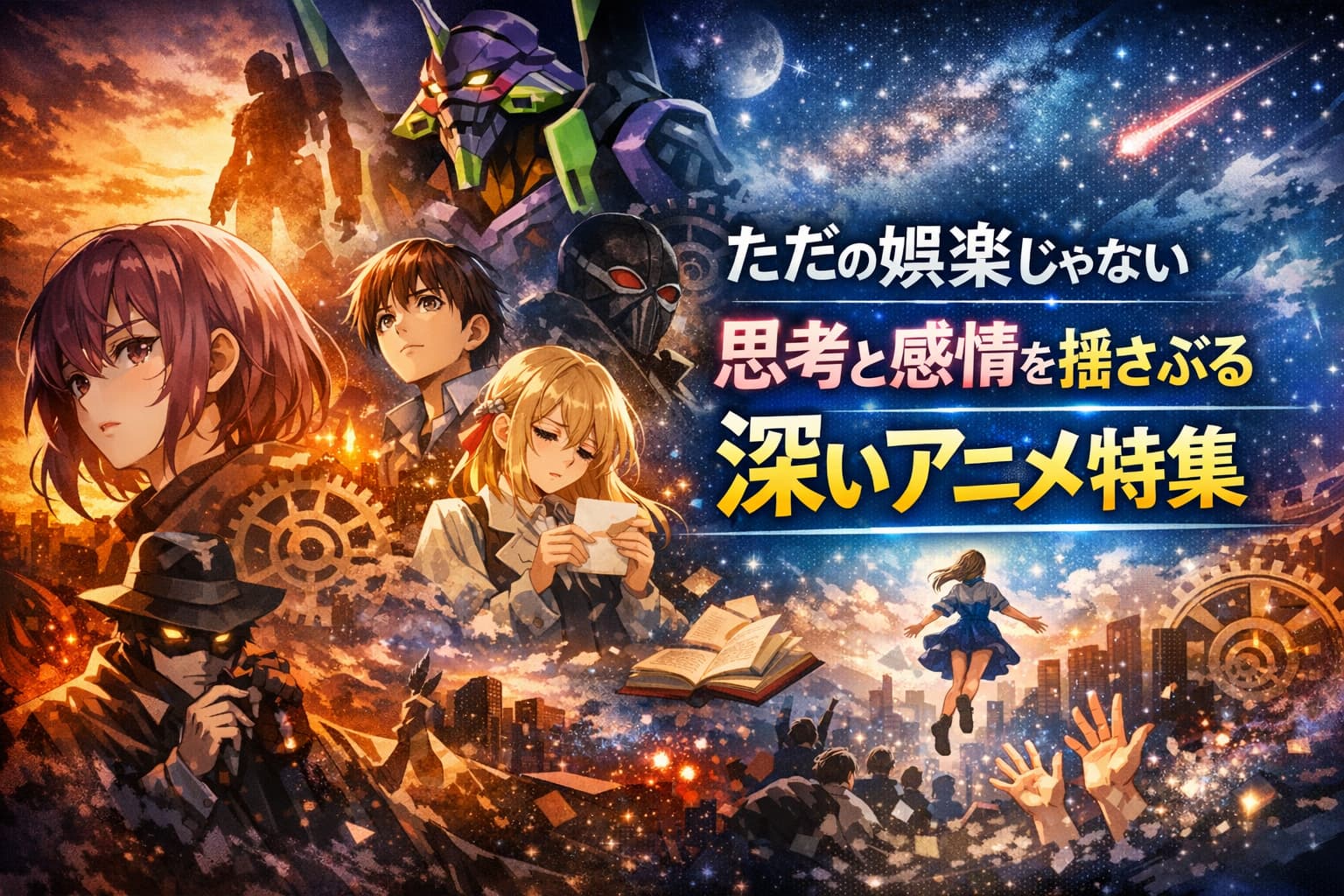 思考と感情を揺さぶる深いアニメ特集のアイキャッチ画像。タイトルが右中央に配置された印象的なビジュアル。