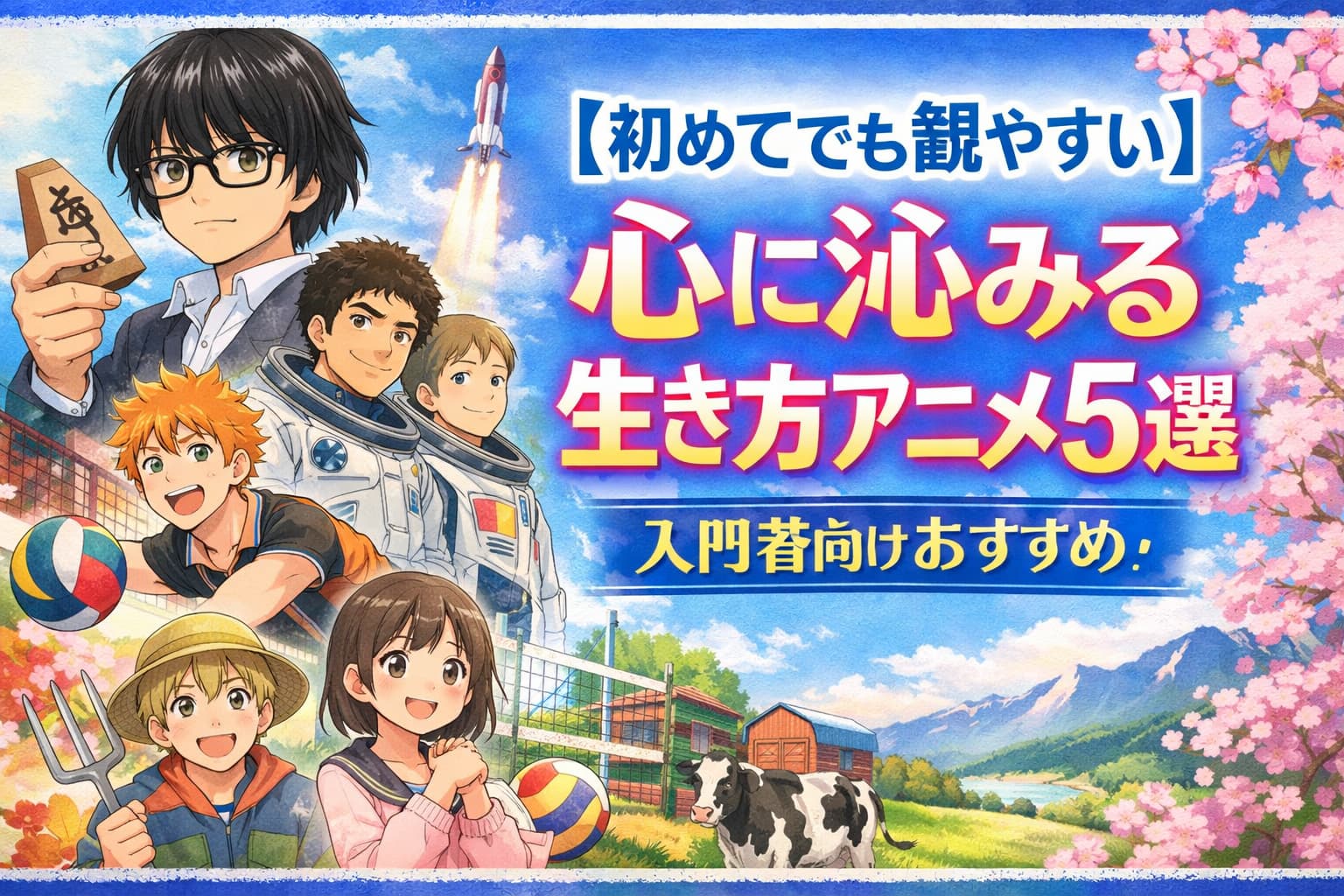 【初めてでも観やすい】心に沁みる生き方アニメ5選｜入門者向けおすすめの横長アイキャッチ画像。背景に将棋の駒、農場、宇宙、バレーボール、学校生活を象徴するイラストが描かれ、タイトルが右中央に配置されている。