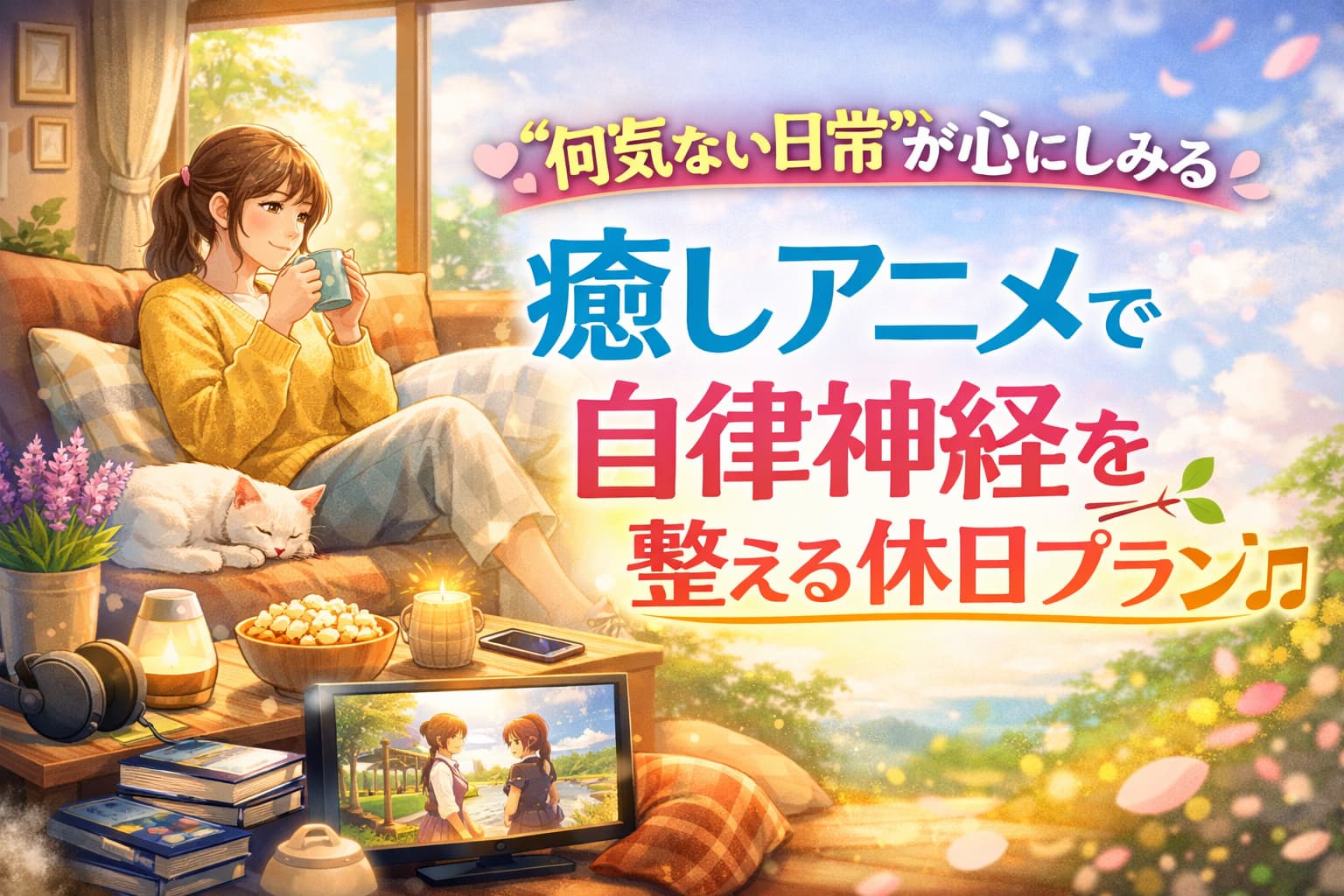 何気ない日常を描いた癒しアニメのワンシーン風アイキャッチ。自律神経を整える休日をイメージした優しい雰囲気のイラスト。