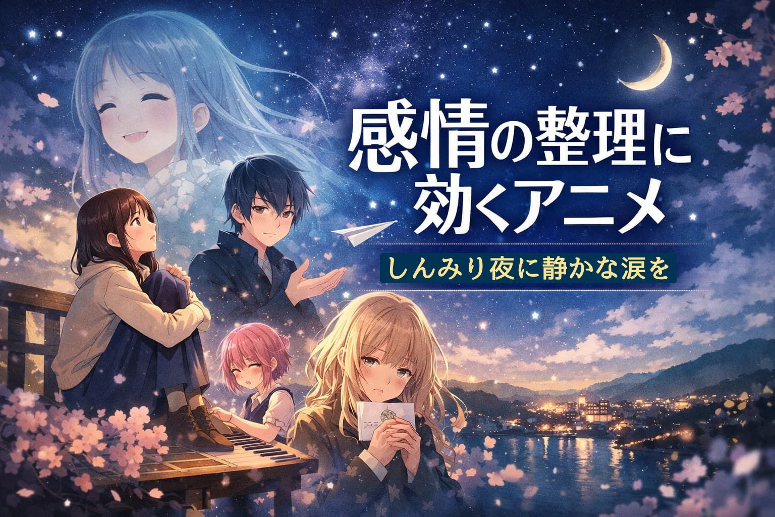 感情の整理に効くアニメの特集アイキャッチ。しんみりした夜に静かな涙を流す登場人物たちと、星空に浮かぶ幻想的な演出。