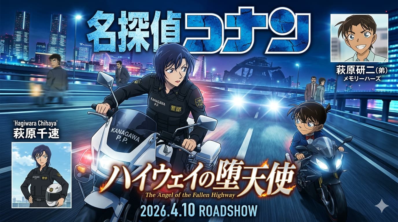 2026年コナンの新作映画『ハイウェイの堕天使』で白バイに乗り疾走する神奈川県警の萩原千速（警部）と江戸川コナン。背景は横浜の夜景。