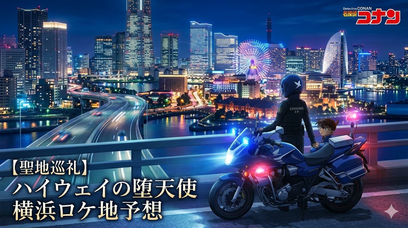 2026年コナン映画『ハイウェイの堕天使』の舞台、横浜みなとみらいの夜景。白バイに乗る萩原千速と江戸川コナン。ランドマークタワーや観覧車が見える聖地巡礼イメージ。