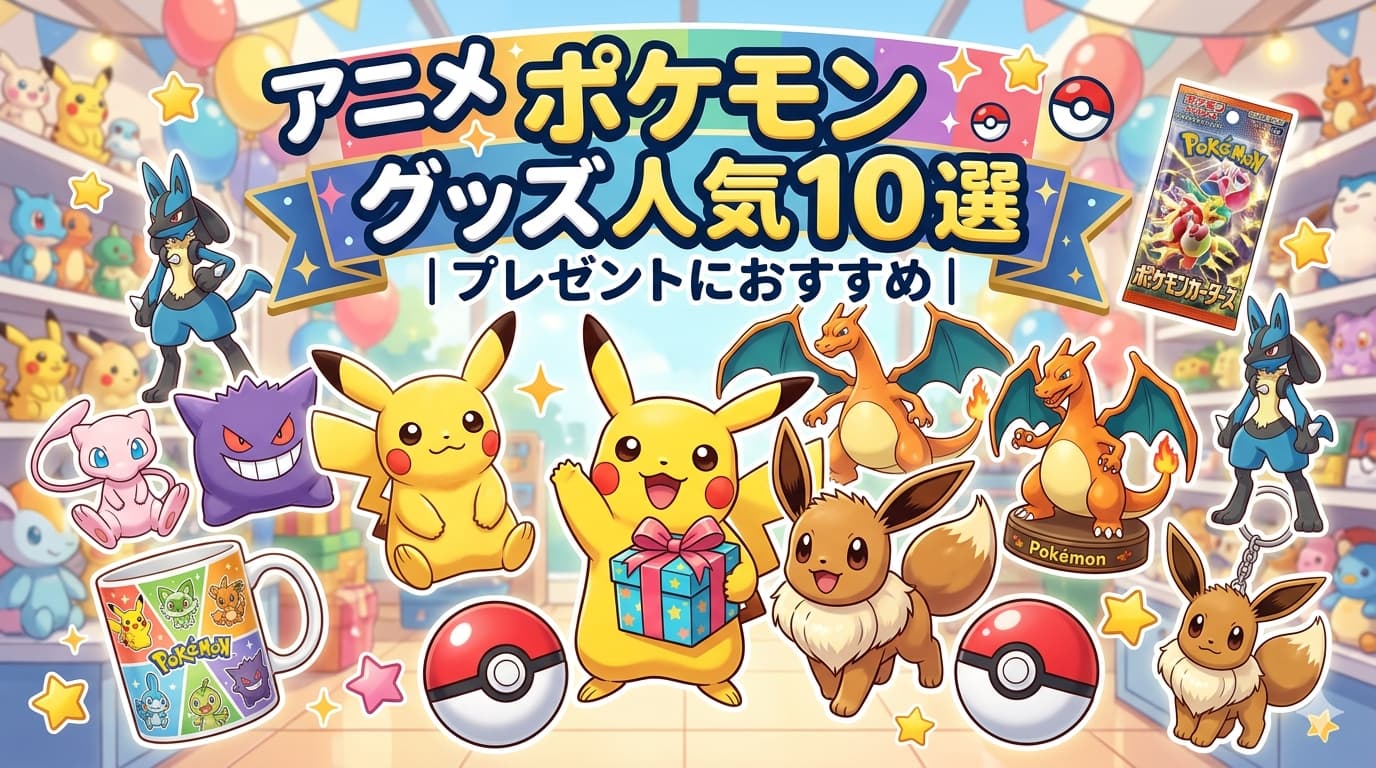 様々なポケモンのぬいぐるみやフィギュアに囲まれた賑やかなお店の中で、「アニメ ポケモン グッズ人気10選」と書かれたロゴと、プレゼントを持ったピカチュウやイーブイ、ミュウ、ゲンガーなどのキャラクターが描かれた、プレゼントにおすすめのグッズを紹介する記事用アイキャッチ画像。