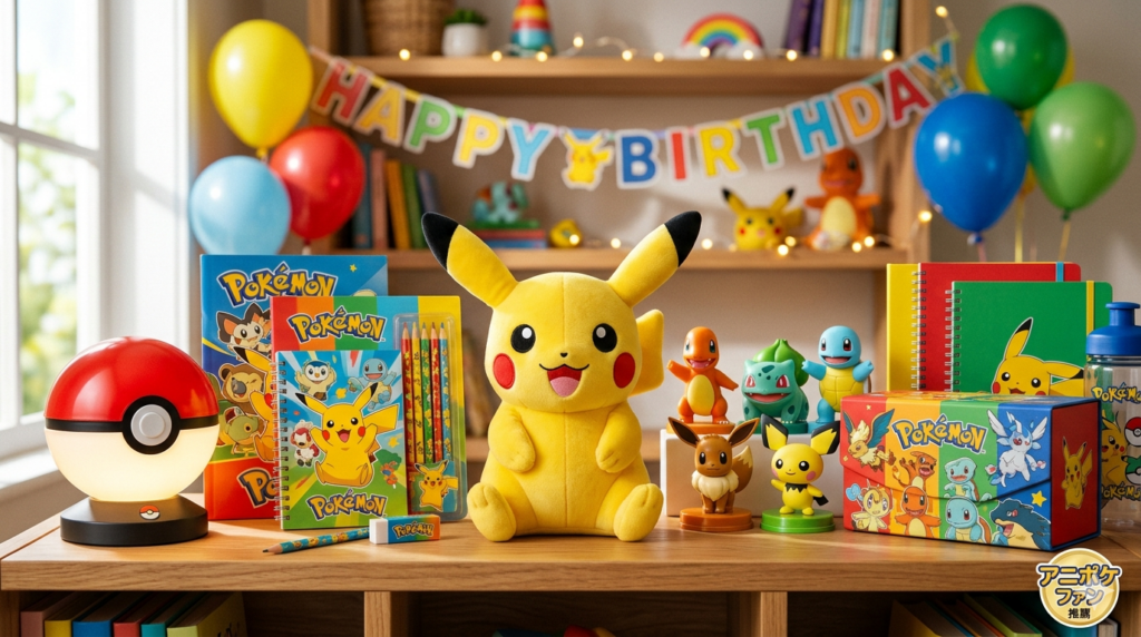ピカチュウのぬいぐるみを中心に、モンスターボール型ライトや文房具、フィギュアなど、子供の誕生日プレゼントにおすすめのポケモングッズ10選が並んだアイキャッチ画像。
