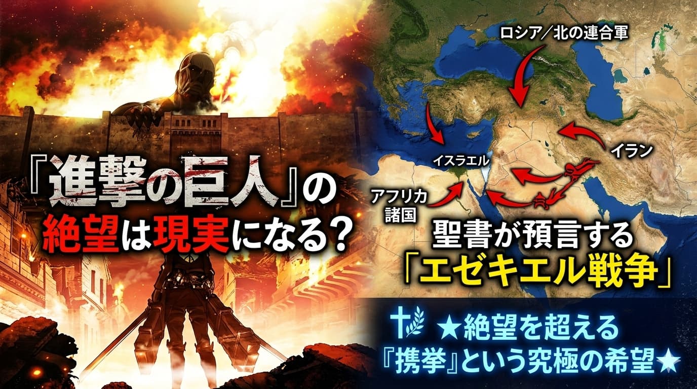『進撃の巨人』の壁崩壊シーンと、聖書預言の「エゼキエル戦争」を示す中東地図（ロシア、イラン、イスラエルの位置図）を対比させ、「絶望は現実になる？」と問う横長のブログアイキャッチ画像。