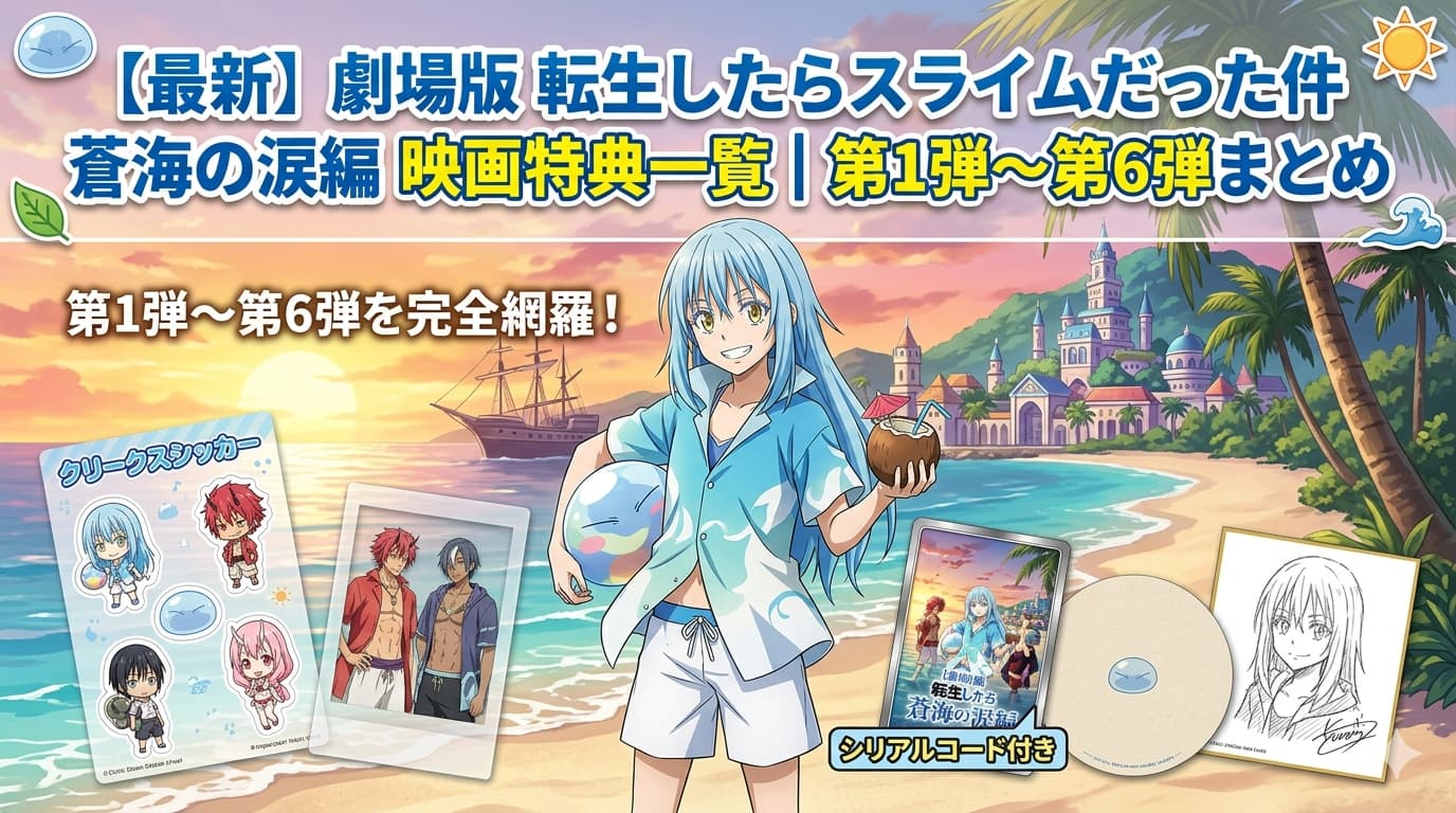 劇場版「転生したらスライムだった件 蒼海の涙編」の映画特典（第1弾〜第6弾）をまとめたアイキャッチ画像。リゾート衣装のリムルが、フレークシール、フォト風カード、メタリックカード、コースター、ミニ色紙などの特典に囲まれて笑っている。上部に記事タイトルテキスト入り。