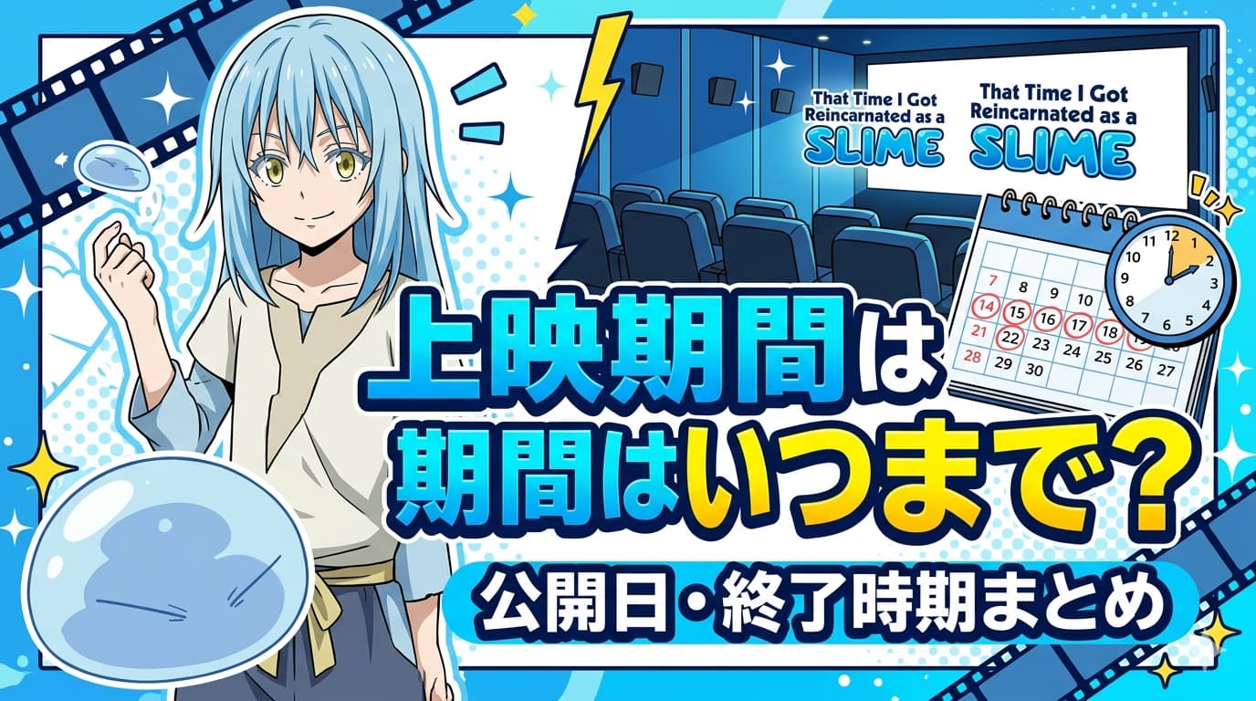 アニメ「転生したらスライムだった件」のリムル・テンペスト（人型とスライム型）が描かれた、明るいポップなYouTubeサムネイル風バナー。右側には映画館の客席とスクリーン、カレンダー、時計が配置されています。中央には大きく「上映期間はいつまで？」、下部には「公開日・終了時期まとめ」という日本語のテキストがデザインされています。青と黄色を基調とした配色です。