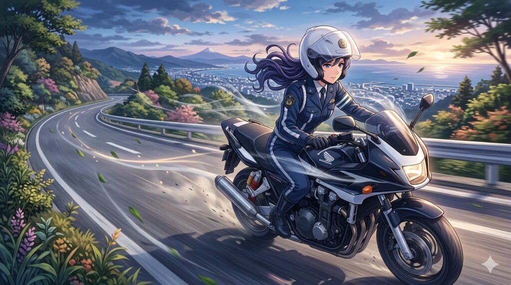 アニメスタイルのイラスト。夕暮れの美しい海沿いのワインディングロードを、神奈川県警交通部第三交通機動隊の制服を着た萩原千速警部が、黒い白バイ（スポーツタイプ）に乗り、風を切って走っている。ヘルメットのバイザーを上げ、長い紫髪をなびかせ、凛とした表情で前を見据える。背景には山々、街並み、そして遠くに富士山が夕陽に映える。道端には草花が咲き、風になびく木の葉が躍動感を強調している。
