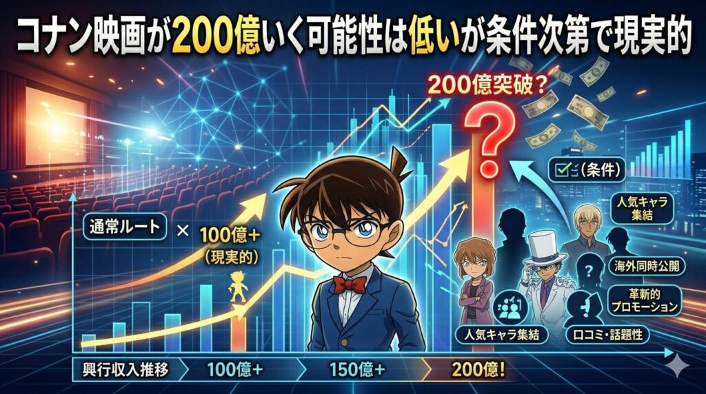 青いデジタルグリッドと興行収入グラフを背景にした、横長の分析的なアイキャッチ画像。中央には冷静に先を見据える江戸川コナンのイラスト。上部には「コナン映画が200億いく可能性は低いが条件次第で現実的」という見出しがあります。グラフは「通常ルート」としての100億円超えから、さらに高い200億円の壁（赤いクエスチョンマーク）へ向かう矢印が描かれています。右側には「条件」として、人気キャラの集結、海外同時公開、革新的プロモーション、口コミ・話題性といった項目がリストアップされ、安室透や怪盗キッド、灰原哀のシルエットが添えられています。