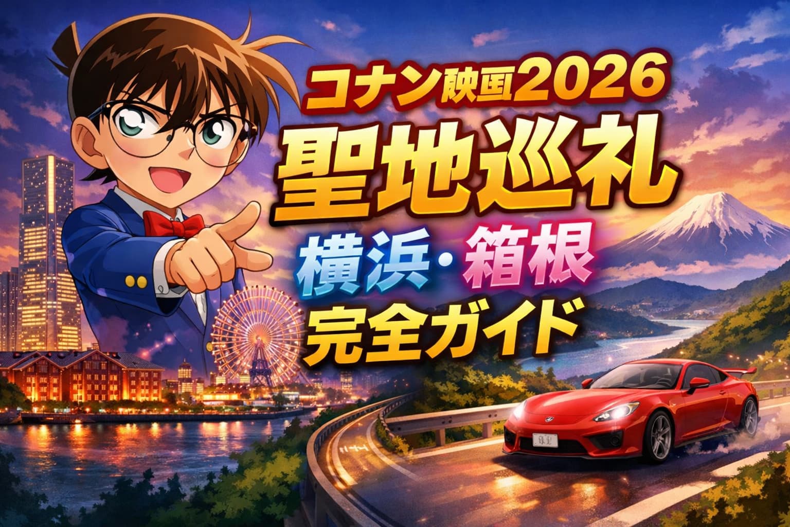 コナン映画2026聖地巡礼のアイキャッチ画像。横浜みなとみらいの夜景と箱根ターンパイク、大観山の風景、コナン風キャラクターと赤いスポーツカーを組み合わせたイラスト。