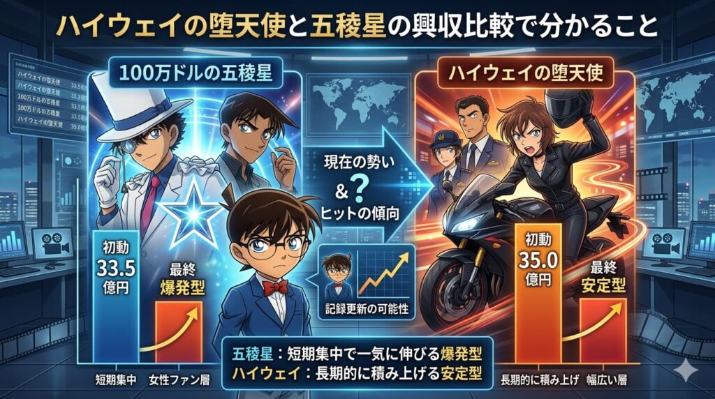 青とオレンジの対照的なカラーで構成された比較画像。左側には『100万ドルの五稜星』を象徴する怪盗キッドと服部平次が描かれ、「初動33.5億円」「最終爆発型」という文字と共に急上昇するグラフが表示されています。右側には最新作『ハイウェイの堕天使』のメインキャラ、萩原千速がバイクに乗る姿が描かれ、「初動35.0億円」「最終安定型」という文字と共に緩やかに伸びるグラフが表示されています。中央には江戸川コナンが配置され、下部には「五稜星：短期集中で一気に伸びる爆発型」「ハイウェイ：長期的に積み上げる安定型」という比較の結論が日本語で記載されています。