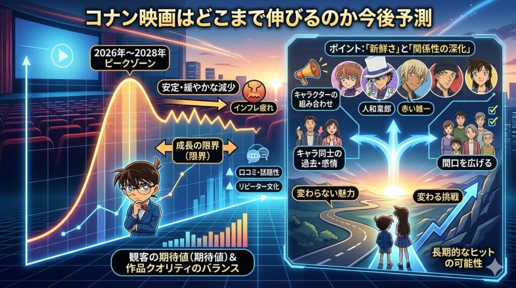 青いサイバーなデジタル空間を背景に、劇場版名探偵コナンの今後の興行予測を分析した横長のインフォグラフィック画像。中央上部には「コナン映画はどこまで伸びるのか今後予測」という大きな見出しがあります。左側には右肩上がりに成長したグラフが、2026年〜2028年に「ピークゾーン」を迎え、その後「安定・緩やかな減少」へ向かう様子が描かれています。グラフのピーク付近には「成長の限界」「インフレ疲れ」という文字があり、観客の期待値が壁になるリスクを示唆しています。中央下部には冷静に先を見据える江戸川コナンが配置され、グラフとデータ線で繋がっています。右側には今後のヒットに必要な要素として、人気キャラ（灰原哀、怪盗キッド、安室透、赤井秀一、毛利蘭）のイラストと共に、「ポイント:「新鮮さ」と「関係性の深化」」「キャラクターの組み合わせ」「キャラ同士の過去・感情」「間口を広げる」といった項目がリスト化されています。さらにその下には、コナンと蘭が「変わらない魅力」と「変わる挑戦」という二つの道を見つめる様子が描かれ、その先に「長期的なヒットの可能性」が示されています。