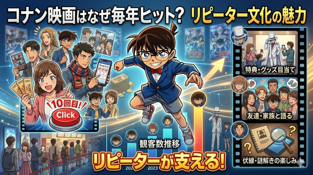 中央にポーズを決める江戸川コナンのイラストを配置した、賑やかなYouTubeサムネイル風の横長画像。上部には「コナン映画はなぜ毎年ヒット？リピーター文化の魅力」という見出しがあります。左側には何度も映画館へ足を運ぶファン（10回鑑賞のスタンプカードを持つ人や、大量のチケットを持つ女性）が描かれ、中央下部には右肩上がりの「観客数推移」グラフと「リピーターが支える！」の大きな文字。右側には「特典・グッズ目当て」「友達・家族と語る」「伏線・謎解きの楽しみ」といったリピートの理由がフィルム風の枠内に解説されています。