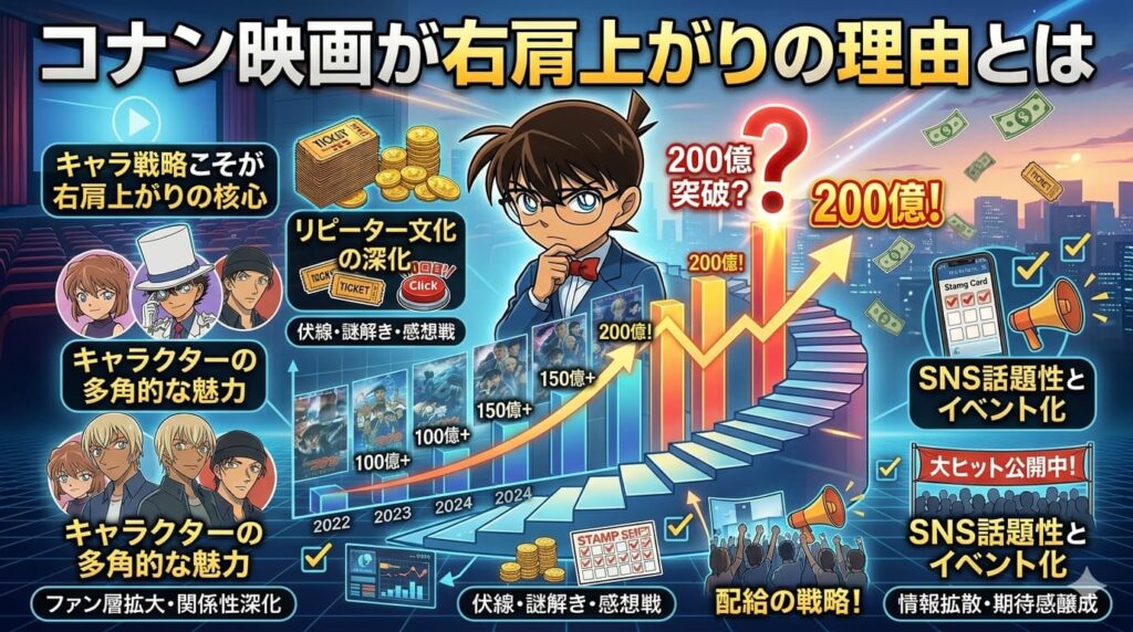 青いサイバー空間と映画館の座席を背景にした、情報量の多い横長のインフォグラフィック。中央には考えを巡らせる江戸川コナン。上部には「コナン映画が右肩上がりの理由とは」という大きな見出しがあります。中央を貫くのは螺旋階段状に上昇する興行収入グラフで、100億、150億、そして頂点の「200億突破？」へと続いています。左側には「キャラ戦略こそが右肩上がりの核心」として安室透や赤井秀一らのアイコン、中央には「リピーター文化の深化」として映画チケットやスタンプカード、右側には「SNS話題性とイベント化」としてメガホンやスマホ、満員の観客のイラストが配置され、ヒットの要因を多角的に可視化しています。