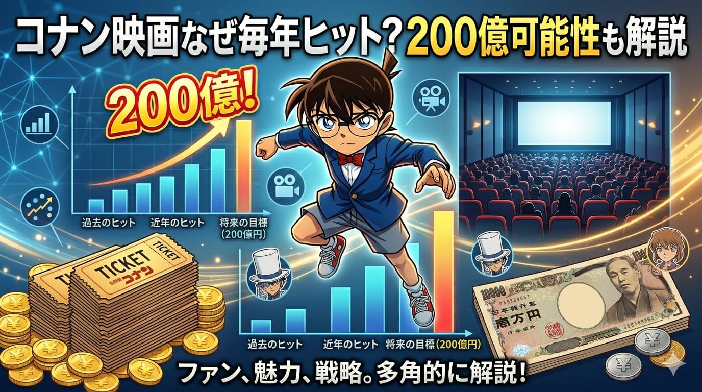 中央に躍動感のある江戸川コナンのイラストを配置した、YouTubeサムネイル風の横長アイキャッチ画像。上部には「コナン映画なぜ毎年ヒット？200億可能性も解説」という大きな見出しがあります。背景には右肩上がりの成長を示す興行収入のグラフ、満員の映画館の様子、大量の映画チケットと日本円の札束が描かれ、経済的な大ヒットを視覚的に表現しています。さらに怪盗キッドや灰原哀のアイコン、そして下部には「ファン、魅力、戦略。多角的に解説！」というテキストが添えられています。