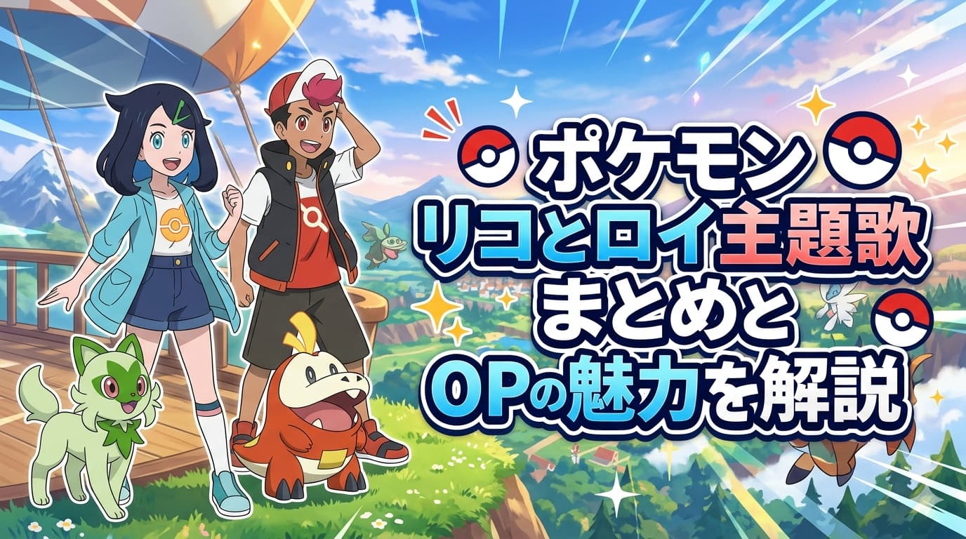 アニメ「ポケットモンスター」のリコとニャオハ、ロイとホゲータが描かれた、ブログ記事用の横長アイキャッチ画像。右側には「ポケモン リコとロイ主題歌まとめとOPの魅力を解説」という大きな日本語のタイトル文字が配置されている。背景は青空と草原、そして飛行船のデッキ。