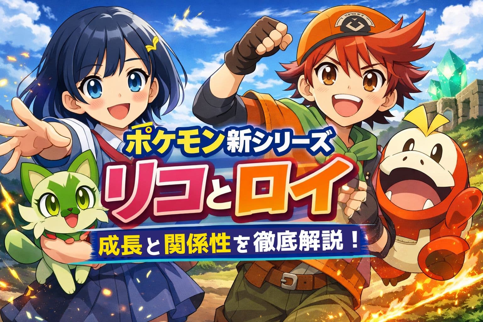 ポケモン新シリーズの主人公リコとロイのキャラと成長を表現したアイキャッチ画像