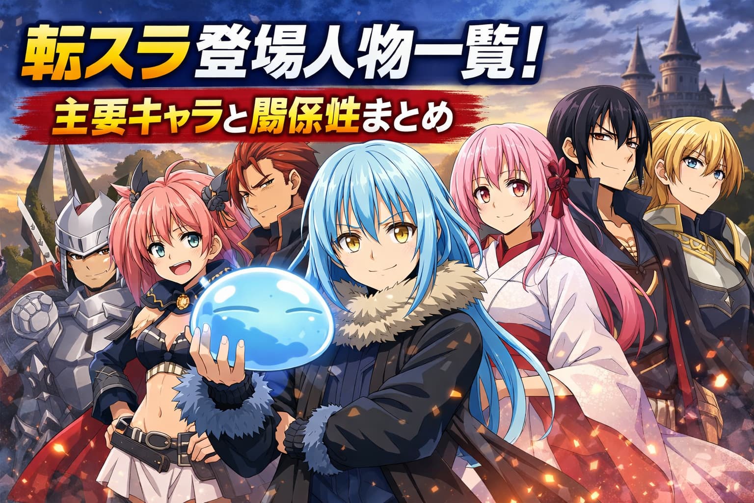 転生したらスライムだった件の登場人物一覧アイキャッチ（リムル・ミリム・ベニマルなど主要キャラと関係性解説）