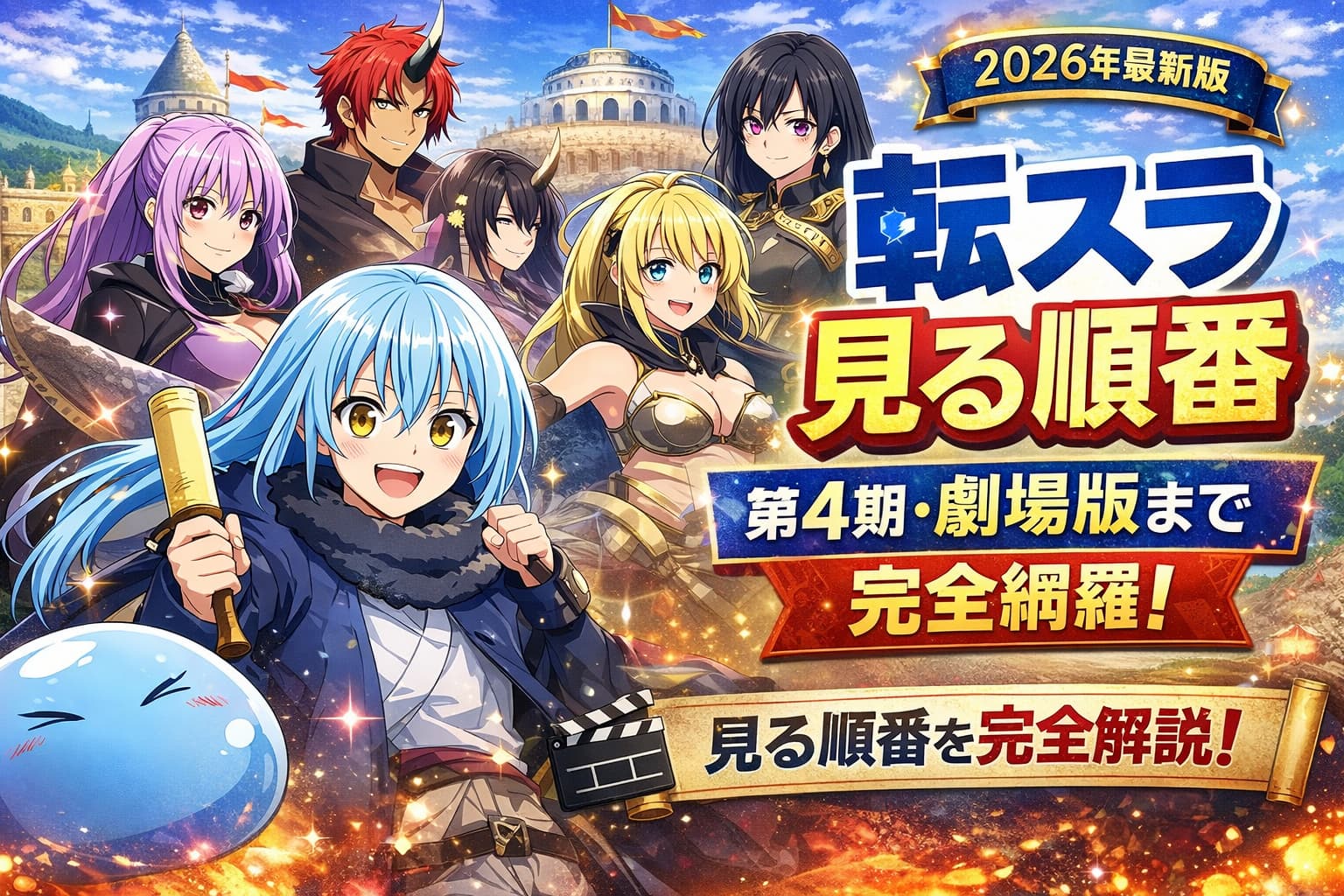 転スラのアニメ見る順番を第4期・劇場版まで網羅した2026年最新版アイキャッチ画像（リムルとキャラクター集合デザイン）